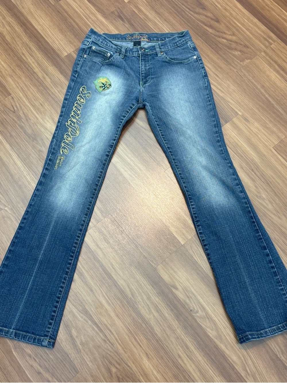 South Pole Women's Dark Blue Embroidered Flare Jeans.